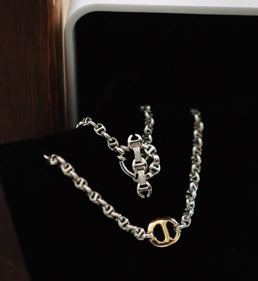 HB233-SSYGWD SILVER MICRO CHAIN WITH 18K YELLOW GOLD PLAIN 10MM STATION