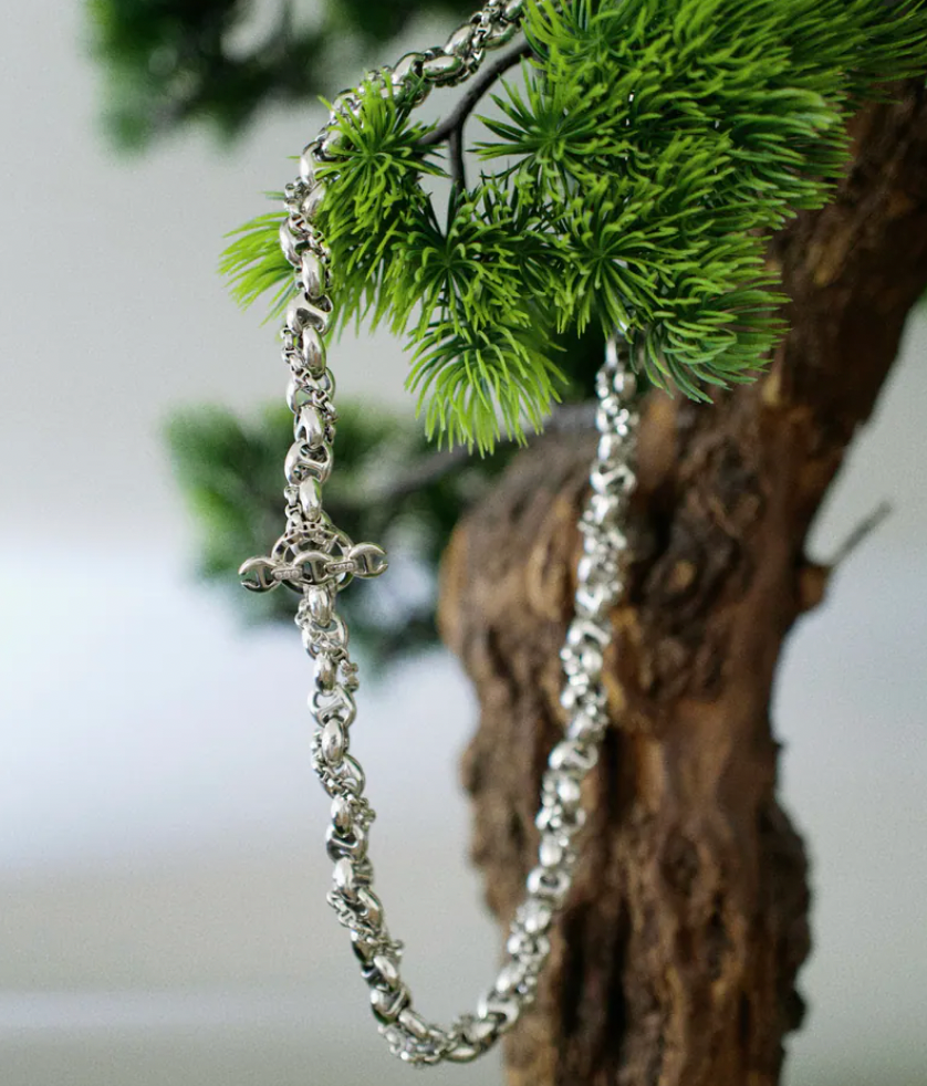 HB11491 Sterling Silver 10mm Open Link Necklace w/Wrapped Micro Chain , White Diamond Toggle