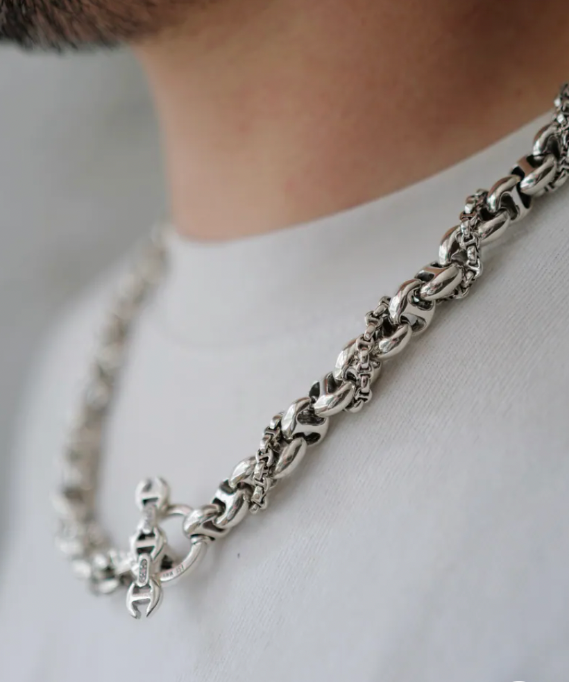 HB11491 Sterling Silver 10mm Open Link Necklace w/Wrapped Micro Chain , White Diamond Toggle