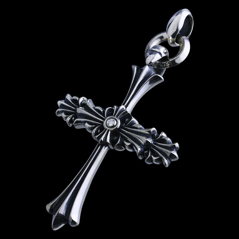 Chrome Cross Pendant (L) with ID Ring Linked Silk with Diamond