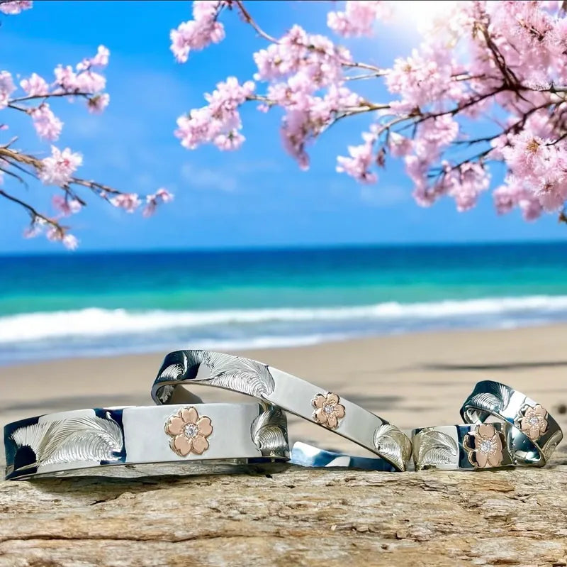 K18 Diamond Sakura Motif Nalu & Rising Sun 8mm Bangle With 2mm Diamond