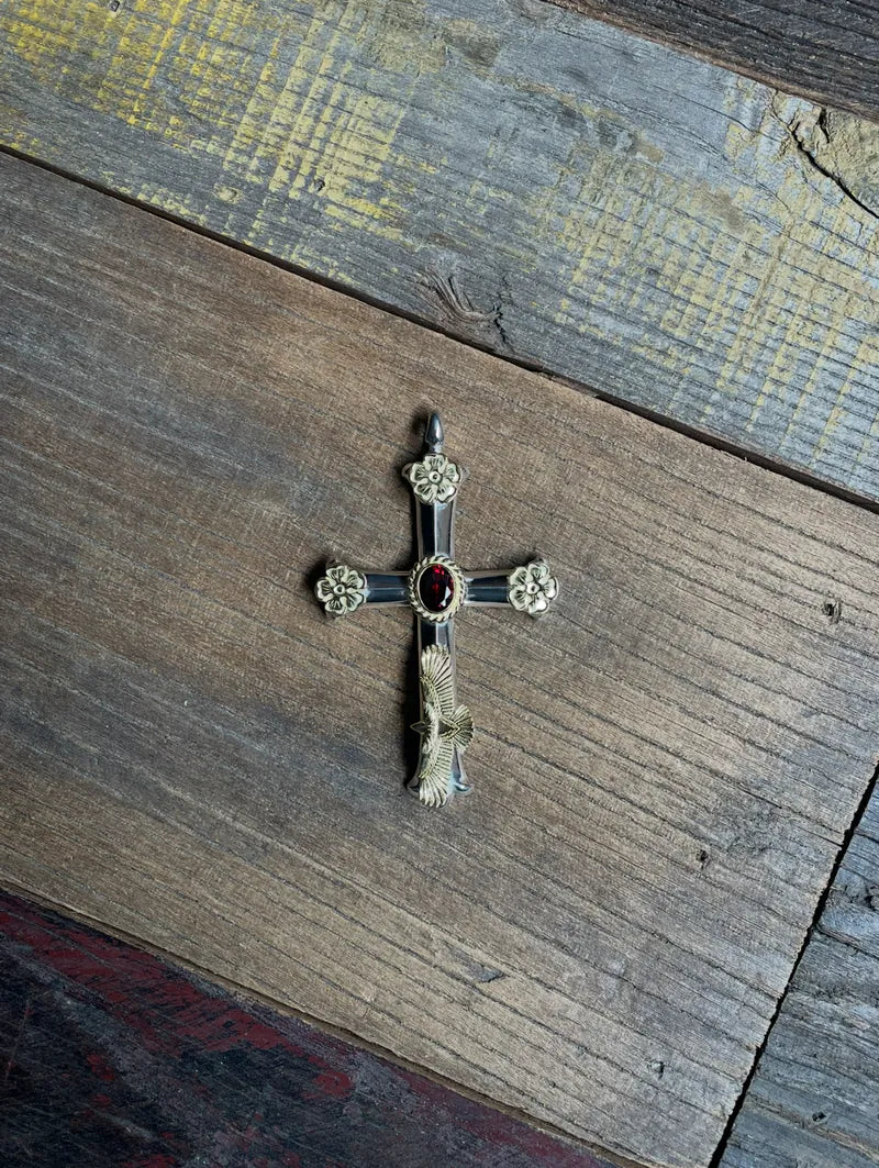 Gold Eagle Eg-05 Cross w/ 3 Gold Flowers & Gold Rope Garnet三金花金繩石榴石w/金Eg-05鷹十字架