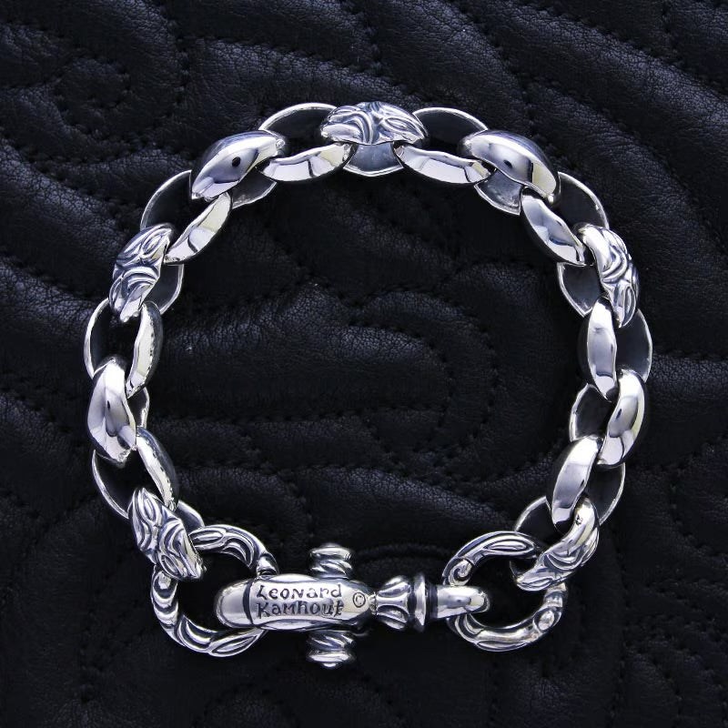 Carved Silk Link (M) Bracelet (Crane Circle) (Engraving Leonard Kamhout)